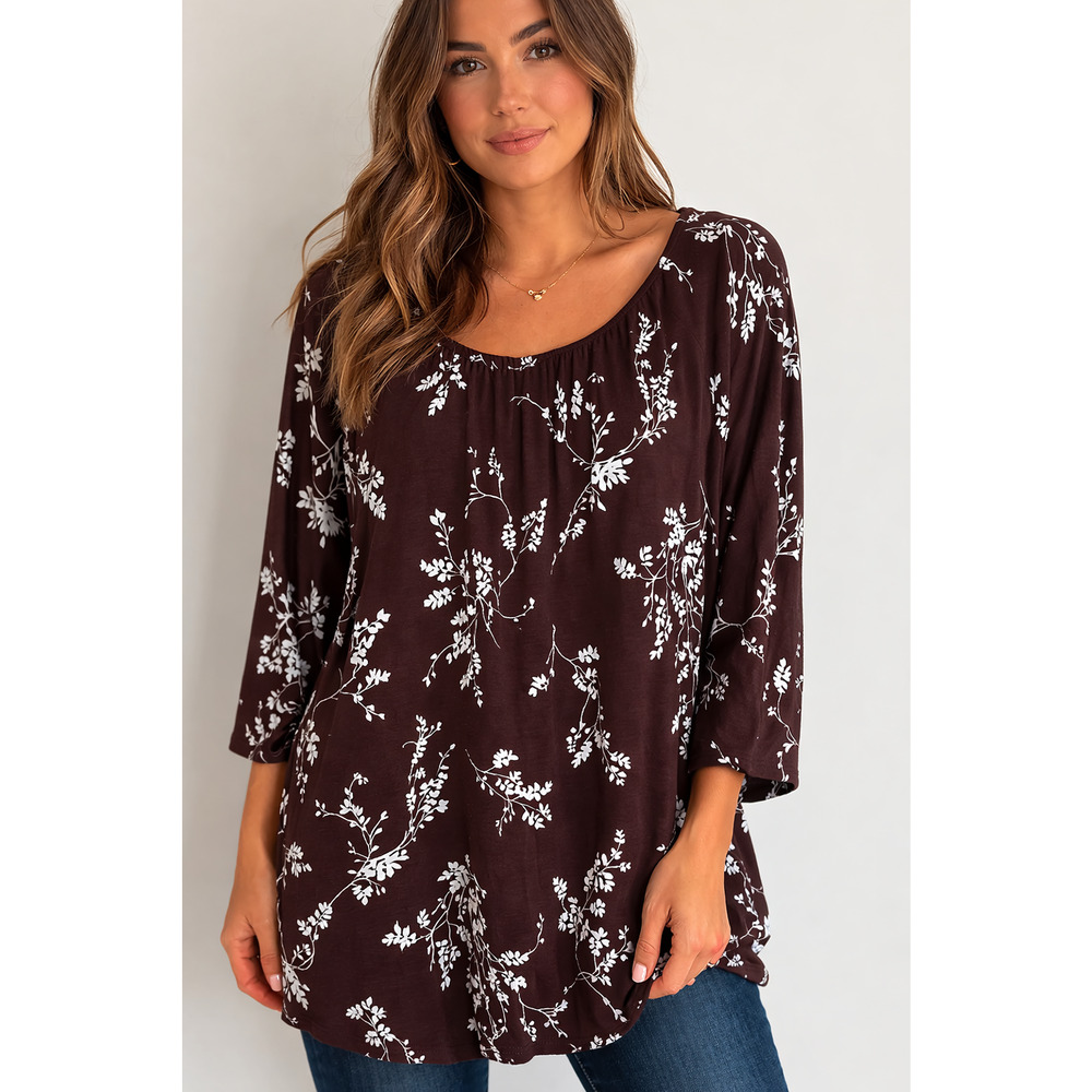 J. Jill Wearever Collection Top Women's XL Purple Floral 3/4 Sleeve Boho Tunic